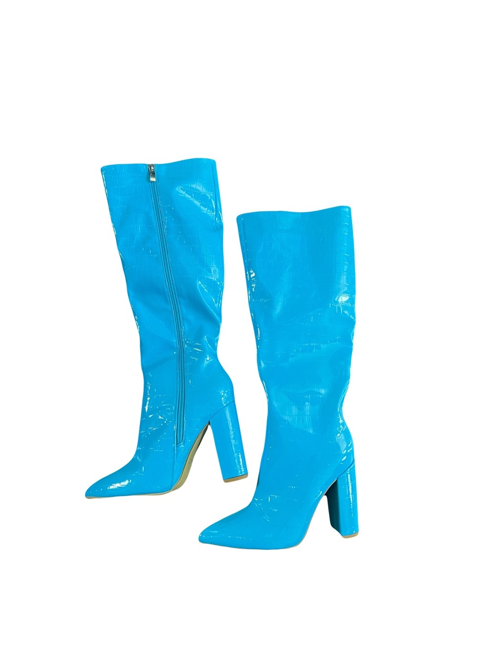 SHEIN Turquoise Patent Knee-High Block Heel Boots